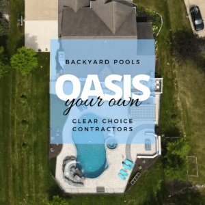 overhead shot of custom pool installed in ann arbor, michigan. overlaid text reads, "backyard pools: your own oasis"
