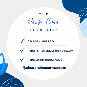 the deck care checklist. 1) keep your deck dry 2)repair small cracks 3) replace any rotting wood @clearchoicecontractors