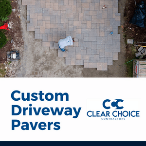 overhead shot of paver contractor installing concrete pavers in a driveway in bloomfield hills, michigan