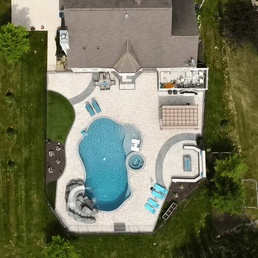 overhead shot of custom gunite pool installed in ann arbor, michigan
