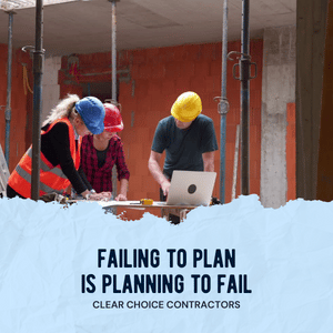 paving contractors looking at a plan. text reads, "failing to plan is planning to fail"