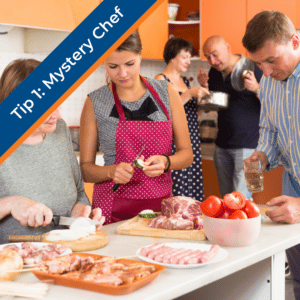 tip 1: mystery chef. group of people standing around various meats on a kitchen island