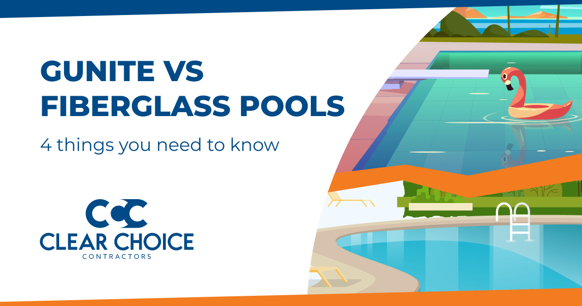 gunite vs fiberglass pools: everything you need to know. cartoon of two swimming pools stacked on top of each other separated by thick wavy orange line