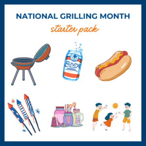national grilling month starter pack: grill, beer, hotdog, fireworks, crafts, children playing