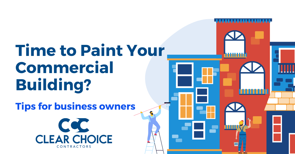Time to paint your commercial building? cartoon painters on ladders painting buildings