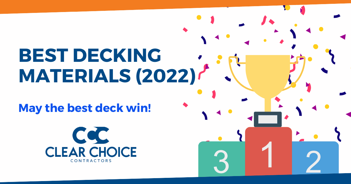 best decking material (2022) - may the best deck win. CCC logo. Trophy podium with confetti falling