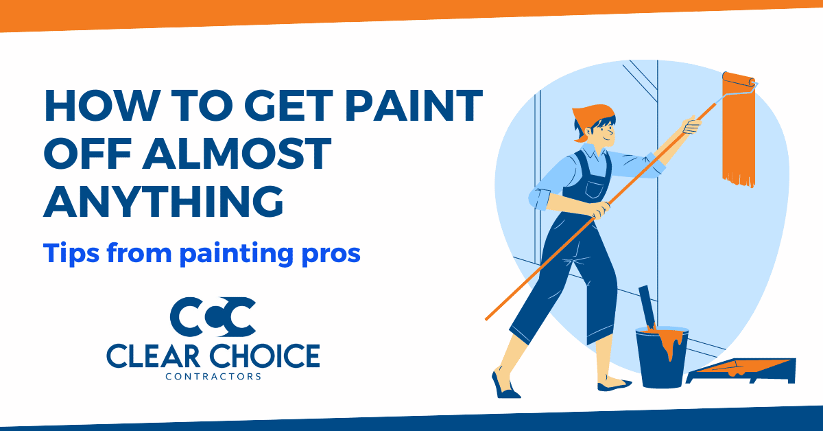 how to get paint off of almost anything. tips from painting pros. CCC logo. woman in overalls painting a wall orange