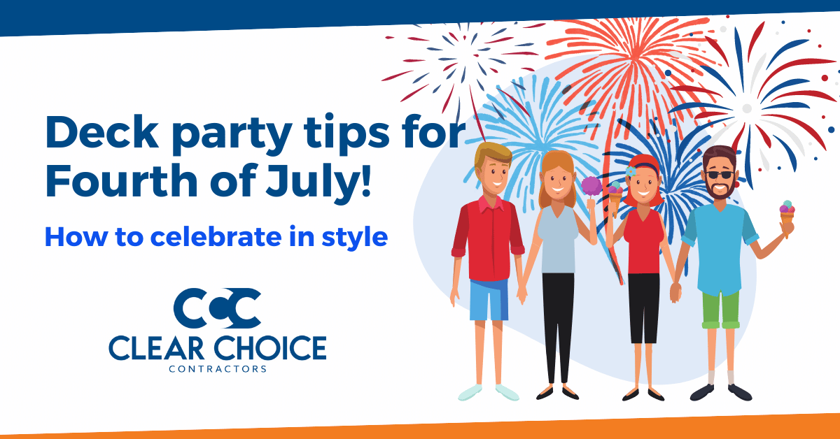 Deck party tips for fourth of july. how to celebrate in style. CCC logo. group of 4 friends in summer attire eating ice cream with fireworks in the background