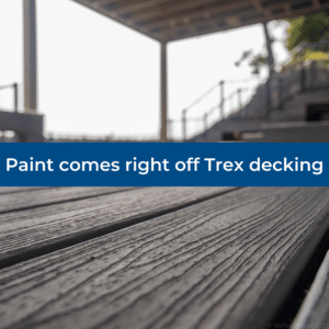 low angle shot of deck. overlaid text says, "paint comes right off trex decking"